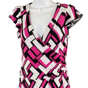 Y2K Geometric Print Wrap Style Dress M Pink Black Flutter Sleeve Bold Retro Mod